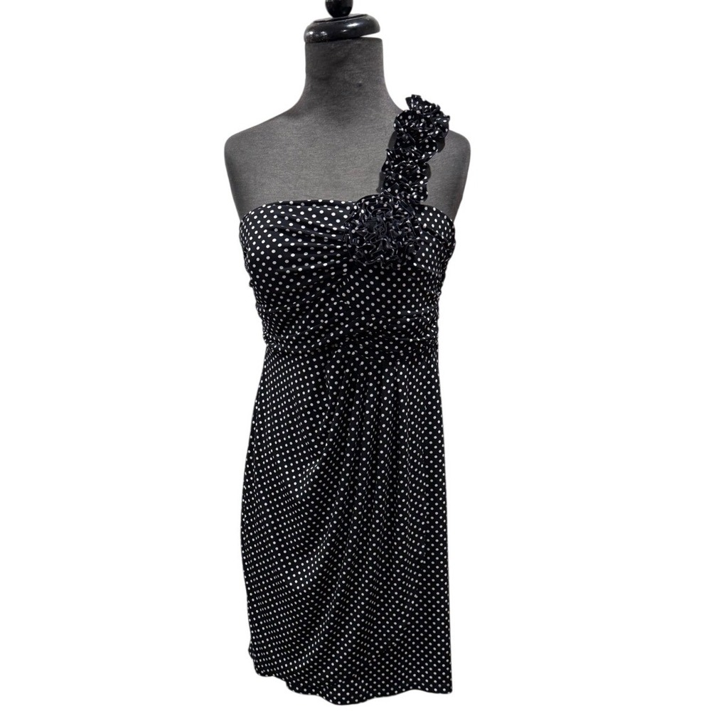 En Focus Studio Black White Polka Dot One Shoulder Ruffle Floral Dress Size 10